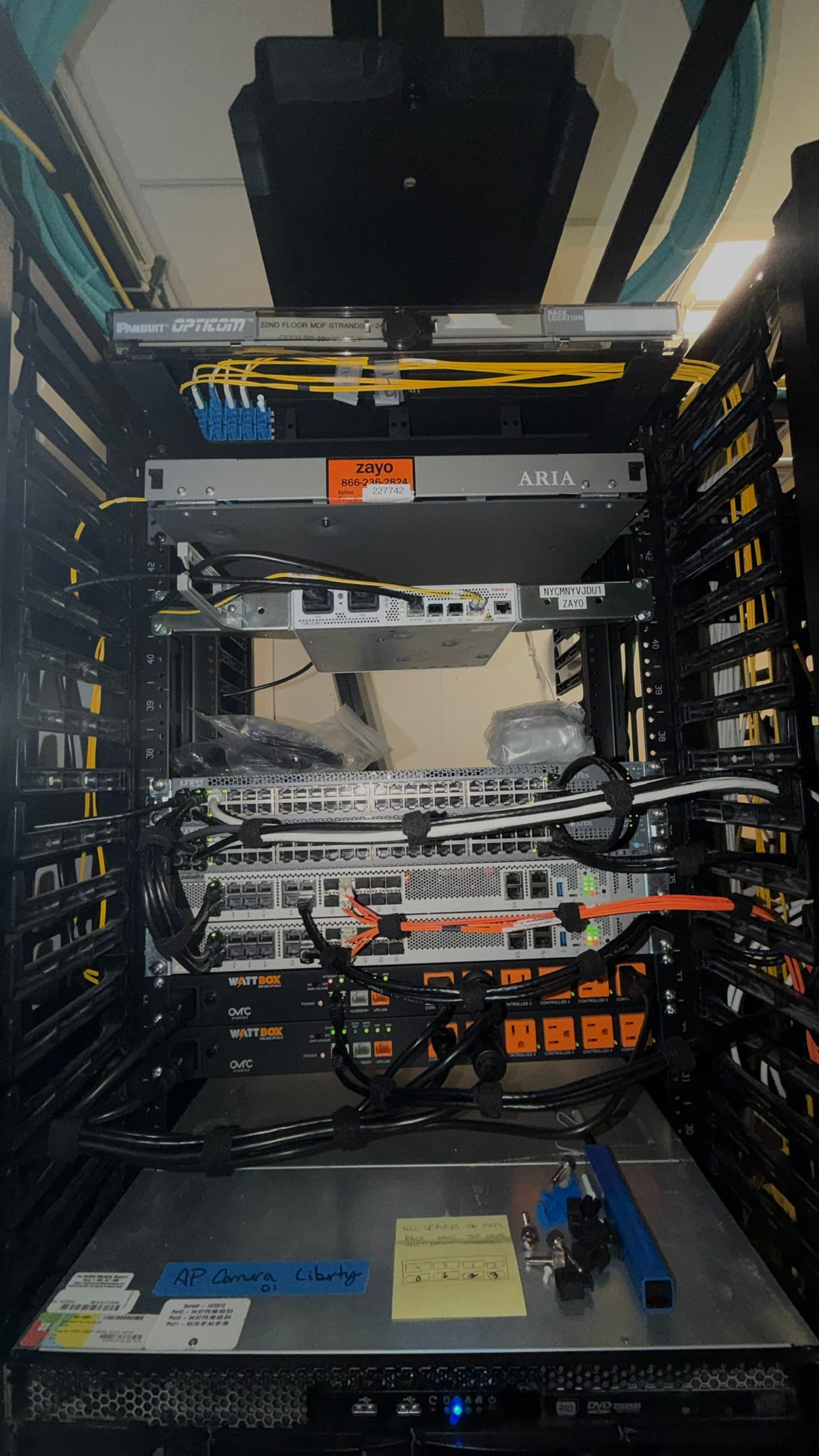 Twenty-second-floor main distribution frame: labelled fibre patch panel, carrier demarcation, switching, firewalls, and rack power